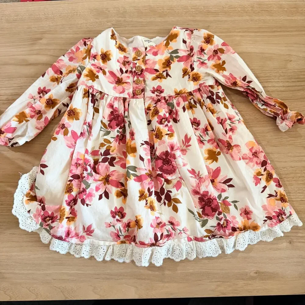 OshKosh B'Gosh Pink Red Floral Dress Size 12 Months Eyelet Layered Girls